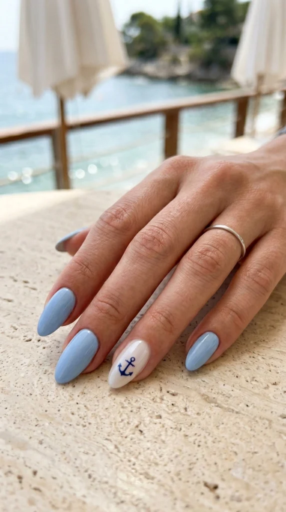 Powder blue almond nails with one tiny navy anchor accent for a classy coastal summer manicure.