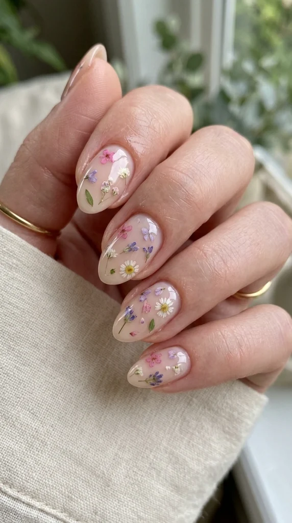 Short almond nails featuring encapsulated pressed wildflower petals beneath a glossy translucent manicure.