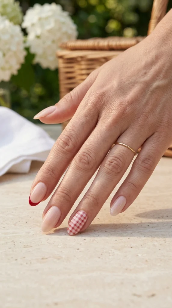 Milky nude almond nails with one red gingham accent nail in an elegant summer picnic setting.