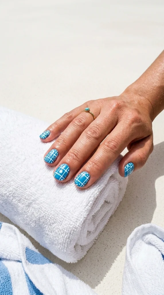 Short rounded nails with aqua pool tile nail art styled in a luxury resort-inspired summer setting.