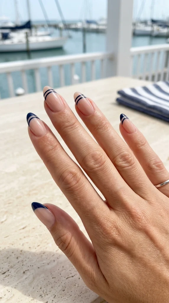 Sheer nude almond nails with delicate navy sailor stripe French tips in a yacht club setting.