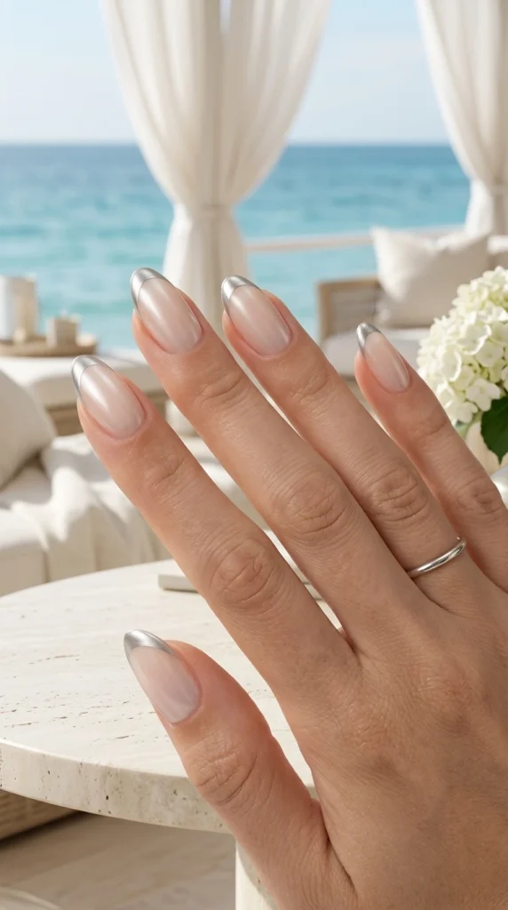 Milky pearl almond nails with ultra-thin satin silver French tips in a luxury coastal summer setting.