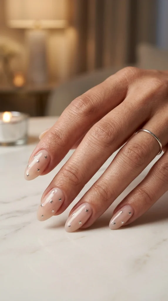 Sheer milky almond nails with tiny scattered silver stars for an elegant celestial summer manicure.