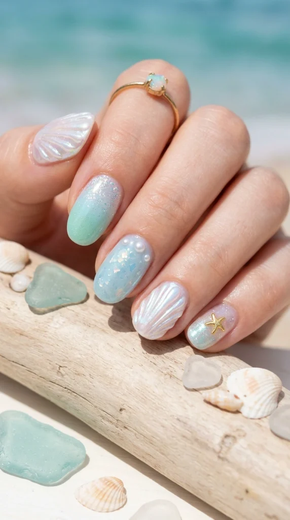 Short almond nails with an iridescent mermaidcore finish featuring pearl and seafoam reflections.