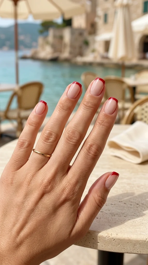 Short cherry red French tip nails with a glossy nude base and elegant minimalist summer style.