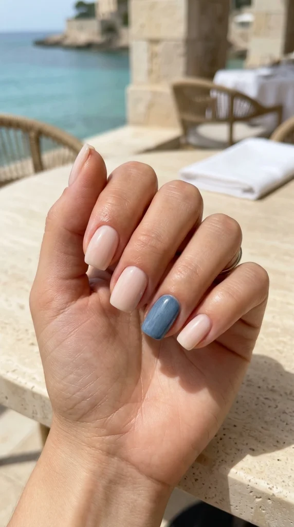 Short denim blue accent nails with a glossy milky nude base and modern minimalist summer manicure.
