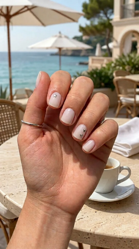 Short milky white almond nails with tiny silver stars for a minimalist 4th of July manicure.