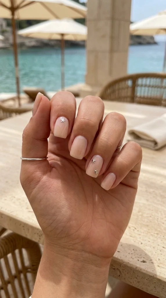 Short milky nude nails with tiny silver star accents in a minimalist luxury summer manicure.