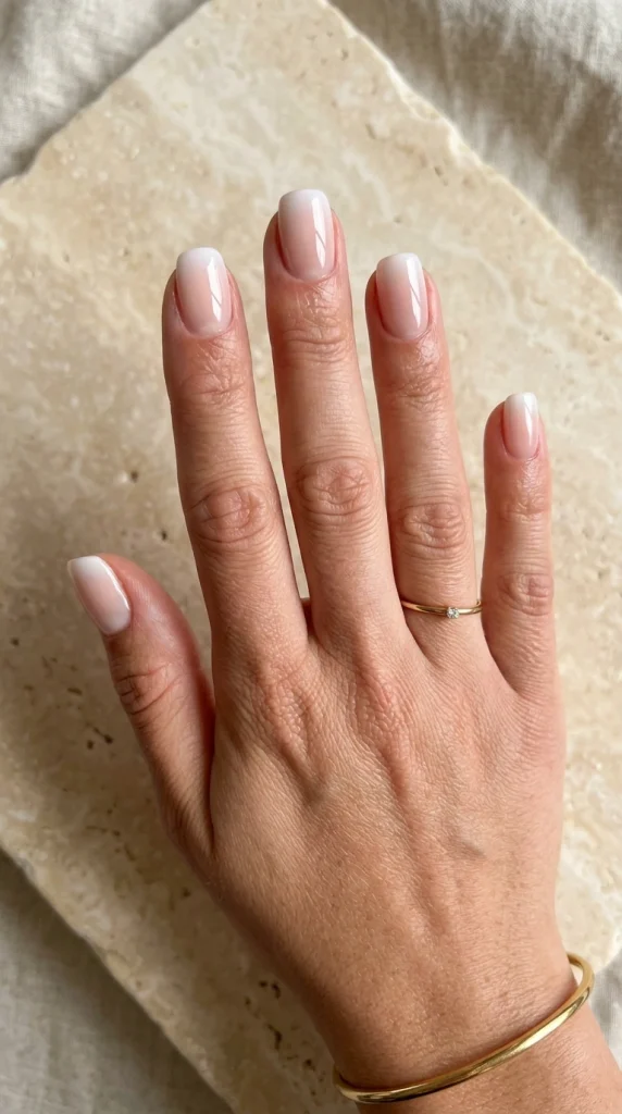 Short squoval nails featuring a soft French manicure with blended milky white tips and a glossy nude base.