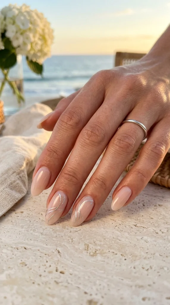 Milky nude almond nails with delicate silver sparkler-inspired line art in an elegant coastal sunset setting.
