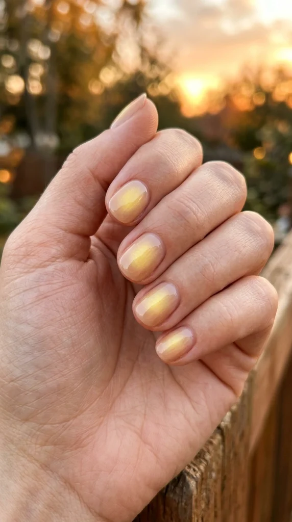 Short rounded nails with a glowing golden hour aura manicure inspired by warm summer sunset light.