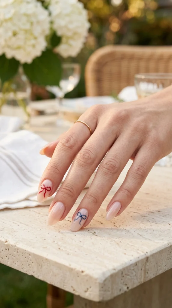 Milky nude almond nails with tiny ribbon-inspired red and navy bow accents in an elegant garden brunch setting.