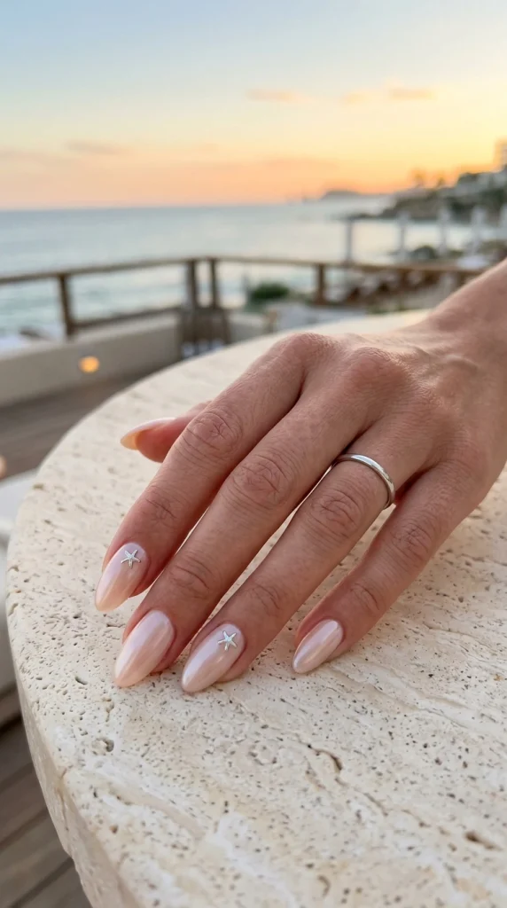 Milky pearlescent almond nails with tiny silver starfish accents in a luxury sunset beach setting.