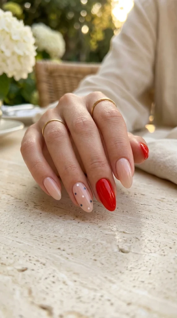 Tomato red and milky nude almond nails with one ultra-subtle navy and white micro dot accent in an elegant Italian Riviera setting.
