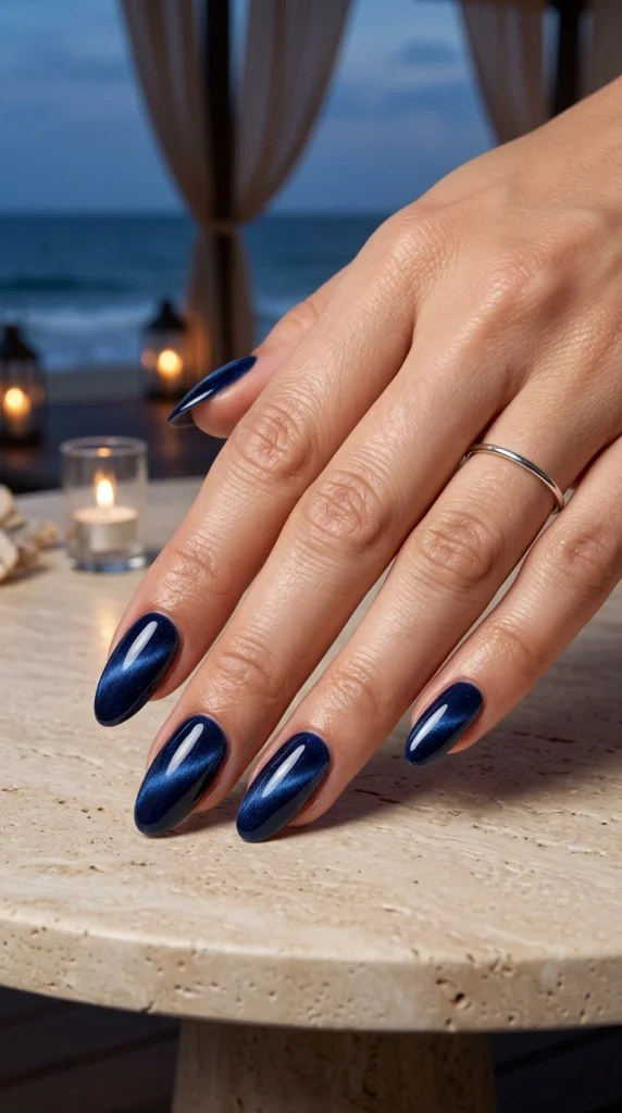 Midnight blue velvet cat-eye almond nails with a luminous magnetic shimmer in a luxury evening coastal setting.