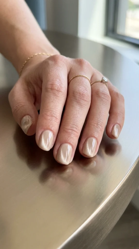 Short rounded nails with a velvet cat-eye manicure featuring soft magnetic shimmer and dimensional shine.