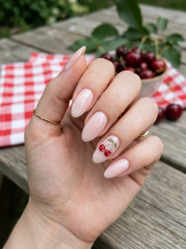 Cherry Picnic manicure with a glossy milky blush pink base and a single hand-painted cherry accent nail on medium almond-shaped nails.