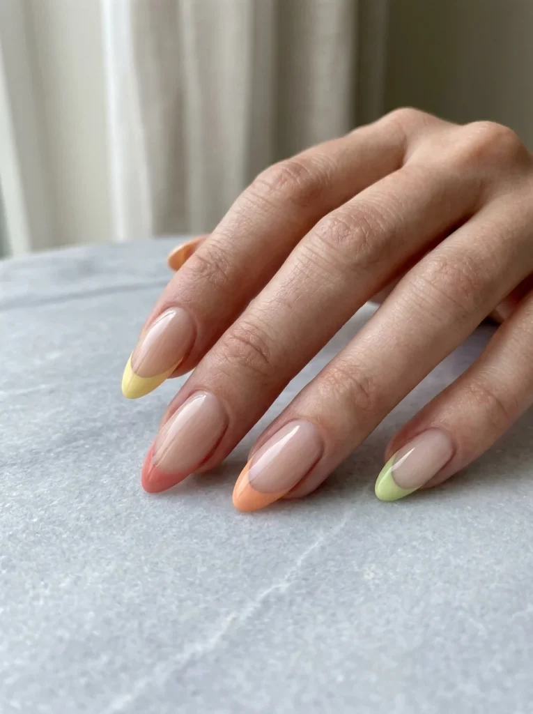 Citrus Grove French manicure with pastel micro French tips in butter yellow, grapefruit pink, peach, apricot, and muted lime on a sheer milky nude base.
