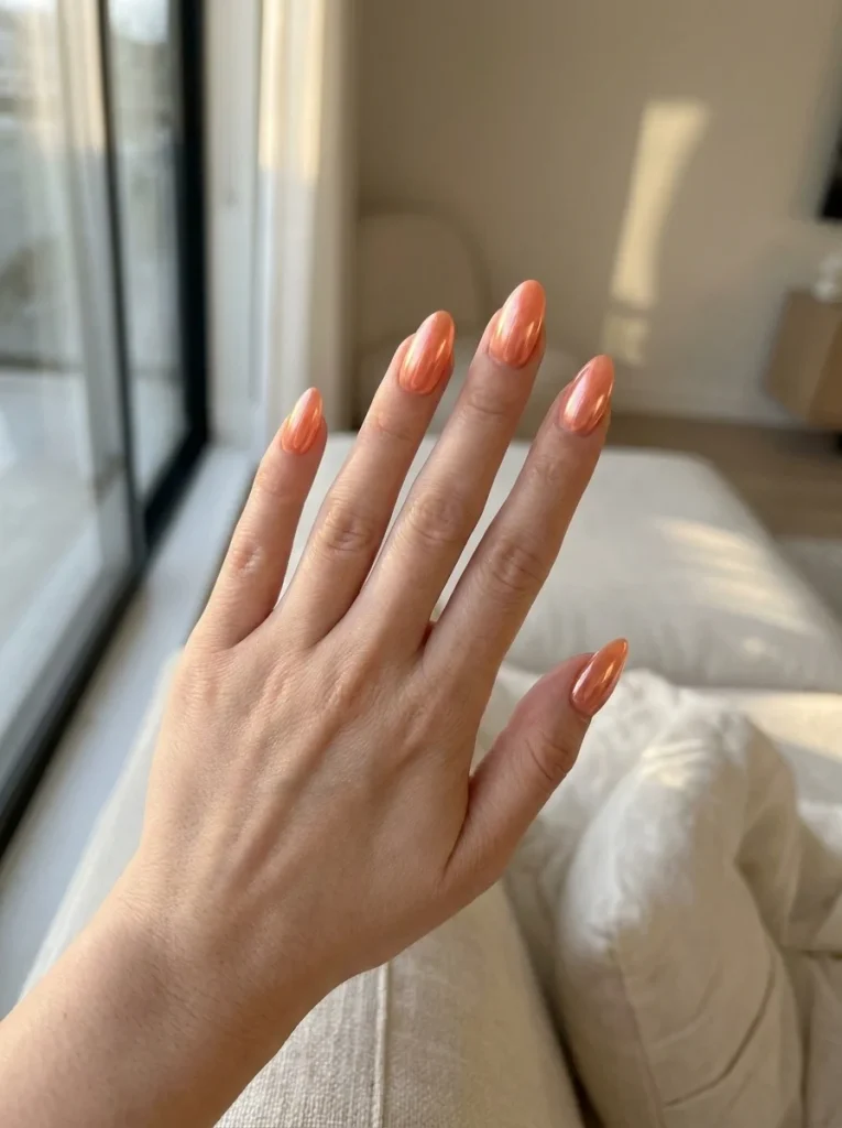 Coral Splash Chrome manicure with glossy peachy coral glazed nails on a sheer nude base, creating a soft luminous summer look.
