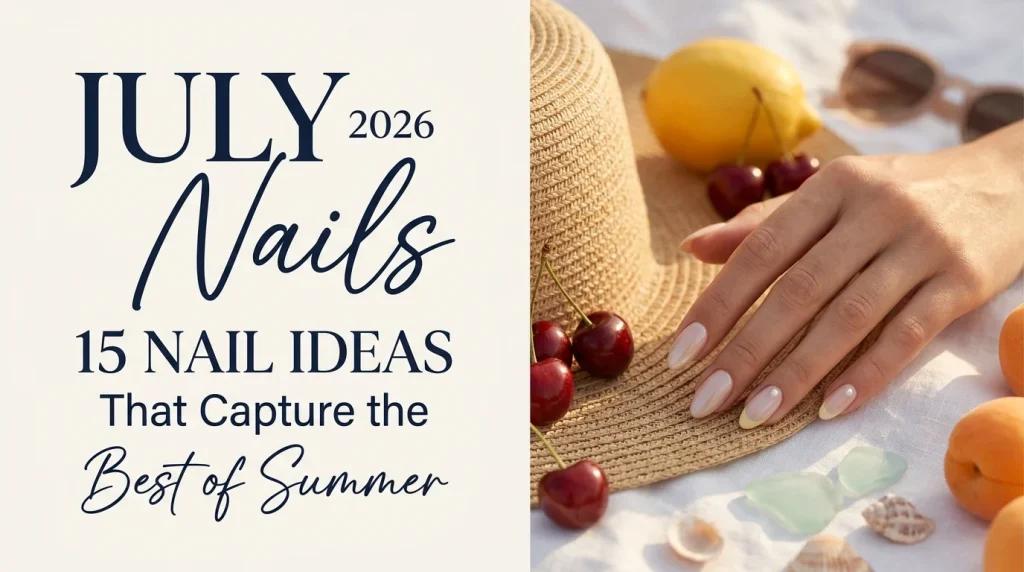 Pinterest cover featuring elegant July nails with a glossy milky manicure, summer fruits, seashells, sea glass, and the title "July Nails 2026: 15 Nail Ideas That Capture the Best of Summer."