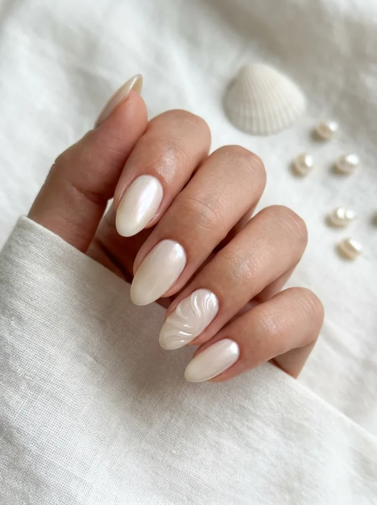 Pearl Coast Glow manicure with milky ivory almond nails, a luminous pearlescent finish, and a shell-inspired accent nail for an elegant coastal summer look.