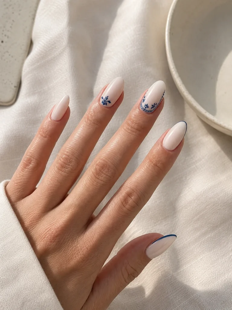 Riviera Porcelain manicure with delicate blue ceramic-inspired floral accents on a milky ivory base, inspired by Mediterranean summer tiles.