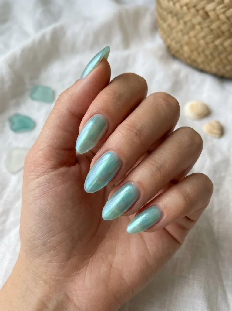 Sea Glass Chrome manicure with translucent aqua, seafoam green, and soft turquoise chrome nails inspired by polished beach glass and the summer coast.