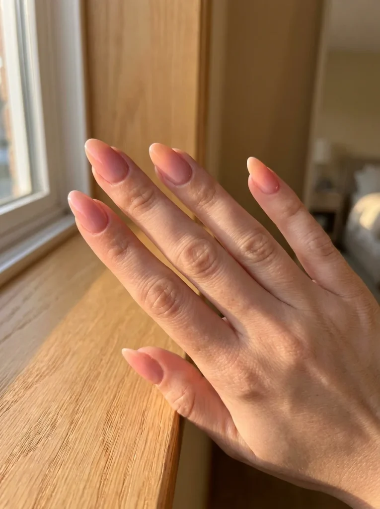 Sunset Mirage manicure with a soft peach, blush pink, and apricot ombré gradient on medium almond-shaped nails, finished with a glossy gel shine.