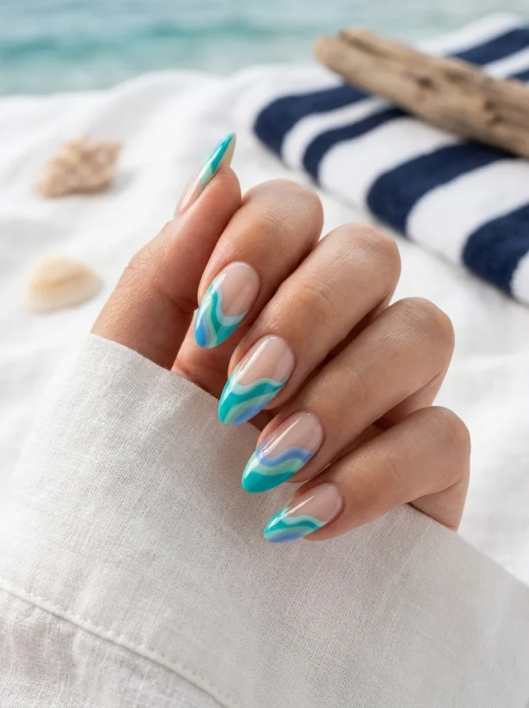 Modern blue French tip manicure with flowing turquoise, aquamarine, and soft cobalt wave tips on almond nails, inspired by gentle ocean waves for July.