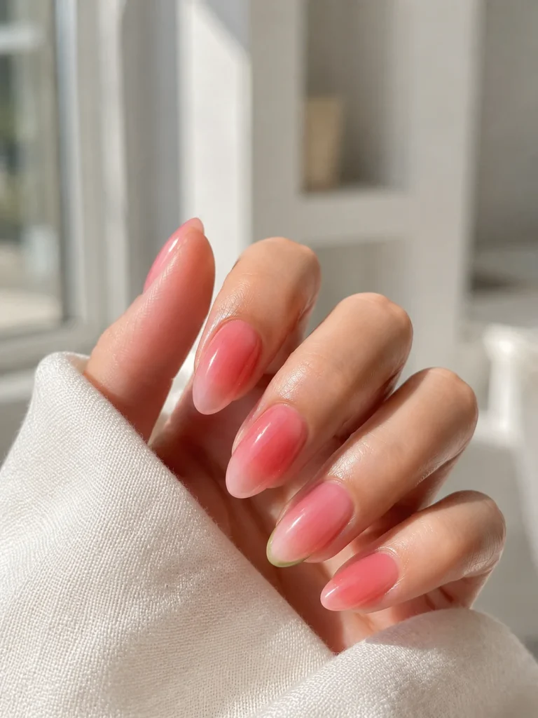 Watermelon Sorbet manicure with translucent watermelon pink jelly nails and a glossy glass-like finish on medium almond-shaped nails, perfect for July summer manicures.