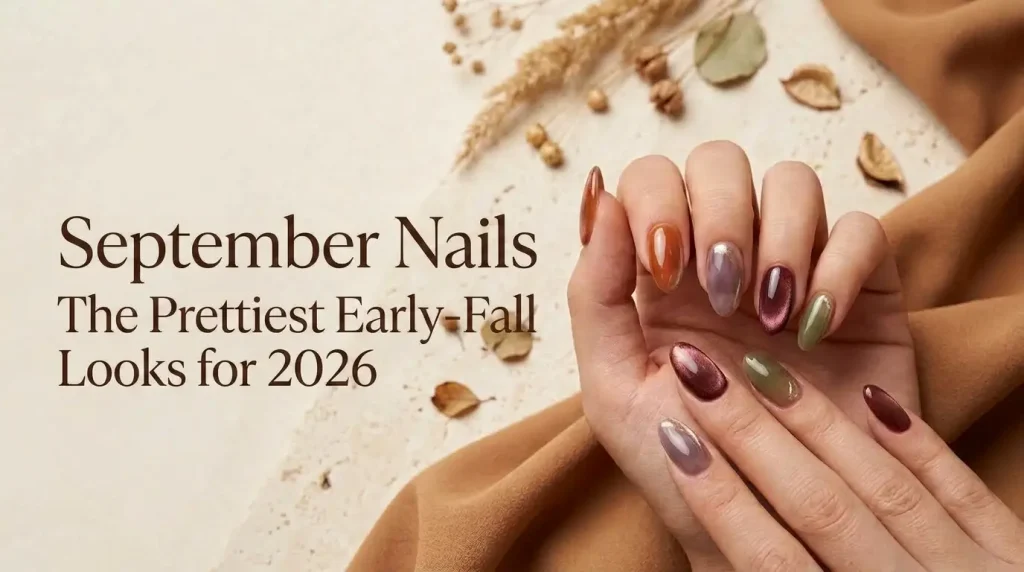 20 September nail designs 2026 featuring glossy burgundy, caramel, smoky lilac, and olive green manicures.