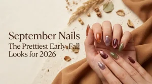 20 September nail designs 2026 featuring glossy burgundy, caramel, smoky lilac, and olive green manicures.