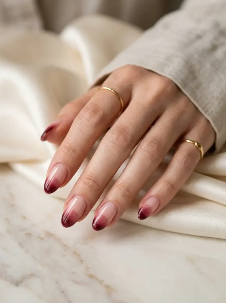 20 Chic September Nail Designs for 2026 That Capture Fall’s First Glow 16 Blush nude almond nails with glossy wine-stained burgundy tips