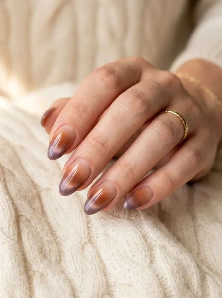 20 Chic September Nail Designs for 2026 That Capture Fall’s First Glow 2 Burnt caramel and smoky lilac velvet gradient almond nails with a soft magnetic glow.