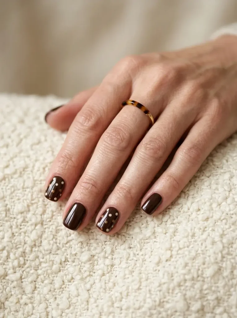 20 Chic September Nail Designs for 2026 That Capture Fall’s First Glow 5 Glossy chocolate brown short square nails with cream and caramel polka dot accents.