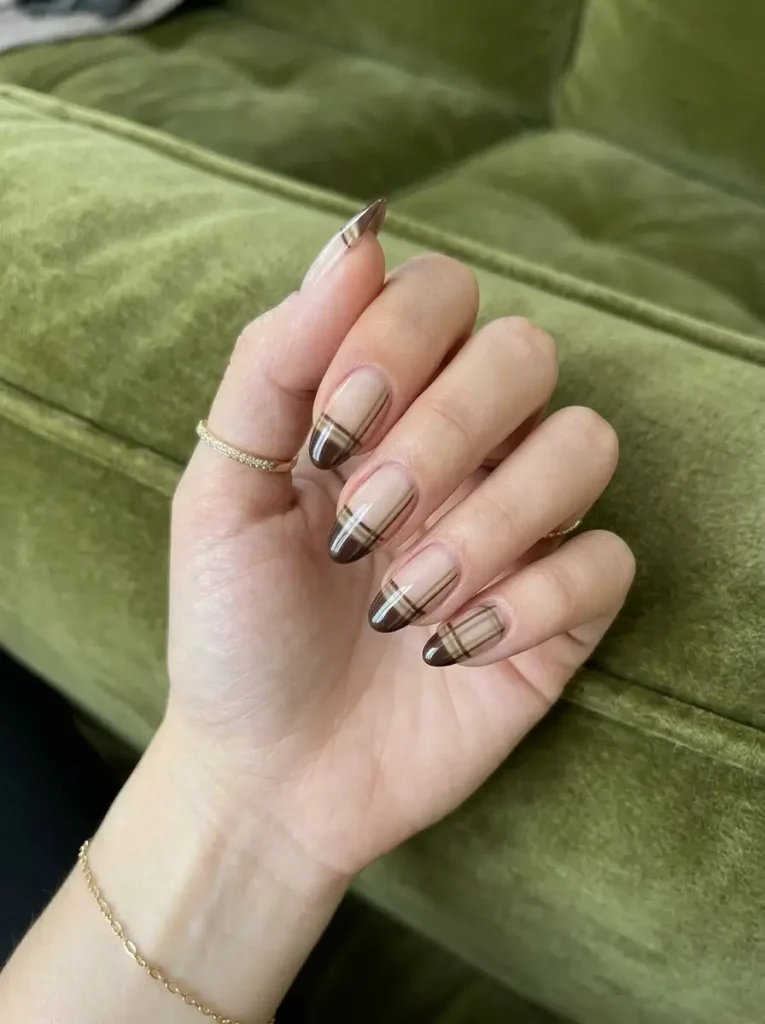 20 Chic September Nail Designs for 2026 That Capture Fall’s First Glow 14 chocolate and olive plaid French nails with a sheer nude base