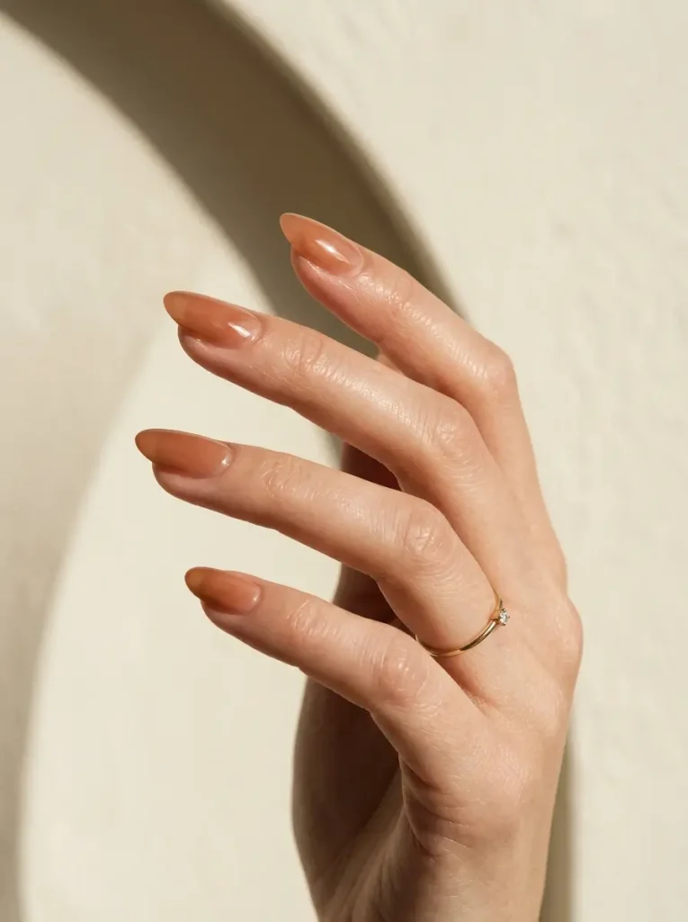 Sheer cinnamon nude almond nails with a glossy caramel glaze and softly translucent finish.