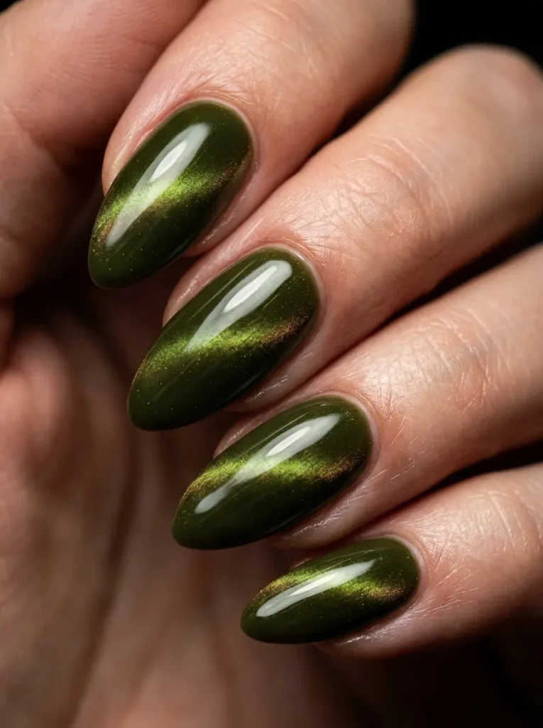 Deep olive cat-eye nails with a luminous magnetic streak and glossy dimensional finish.