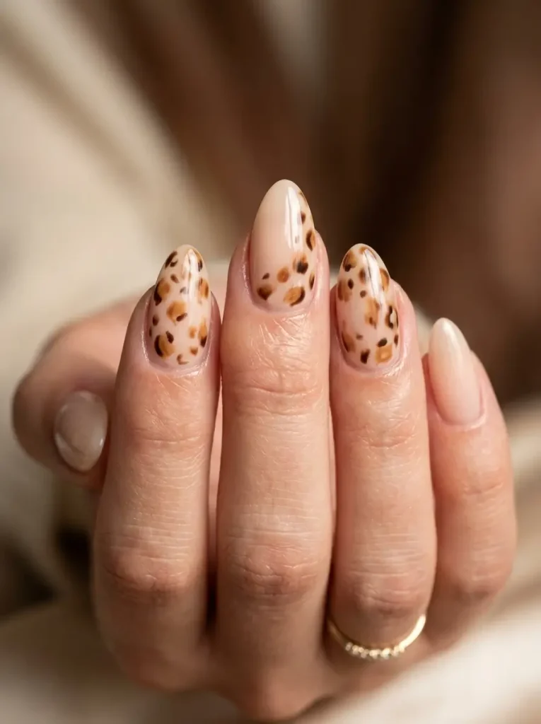 Glossy almond nails with delicate fawn-inspired caramel and brown spots on a sheer nude base.