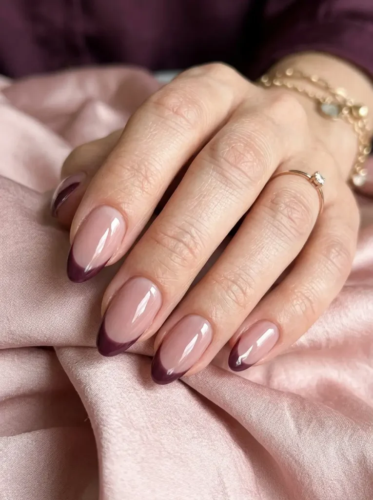 20 Chic September Nail Designs for 2026 That Capture Fall’s First Glow 6 Dusty pink almond nails with deep plum French tips and a glossy finish.