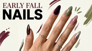 Trendy early fall 2026 manicure with rich brown, berry, olive, and glossy finishes on almond nails.