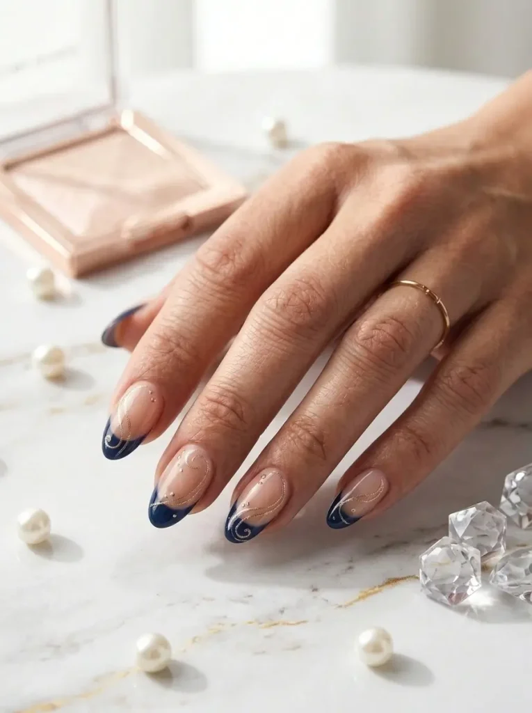 20 Chic September Nail Designs for 2026 That Capture Fall’s First Glow 4 Midnight blue French tip nails with delicate champagne gold swirl accents.