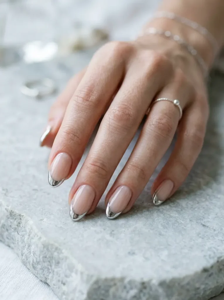 20 Chic September Nail Designs for 2026 That Capture Fall’s First Glow 12 Molten silver micro French nails with a sheer nude base