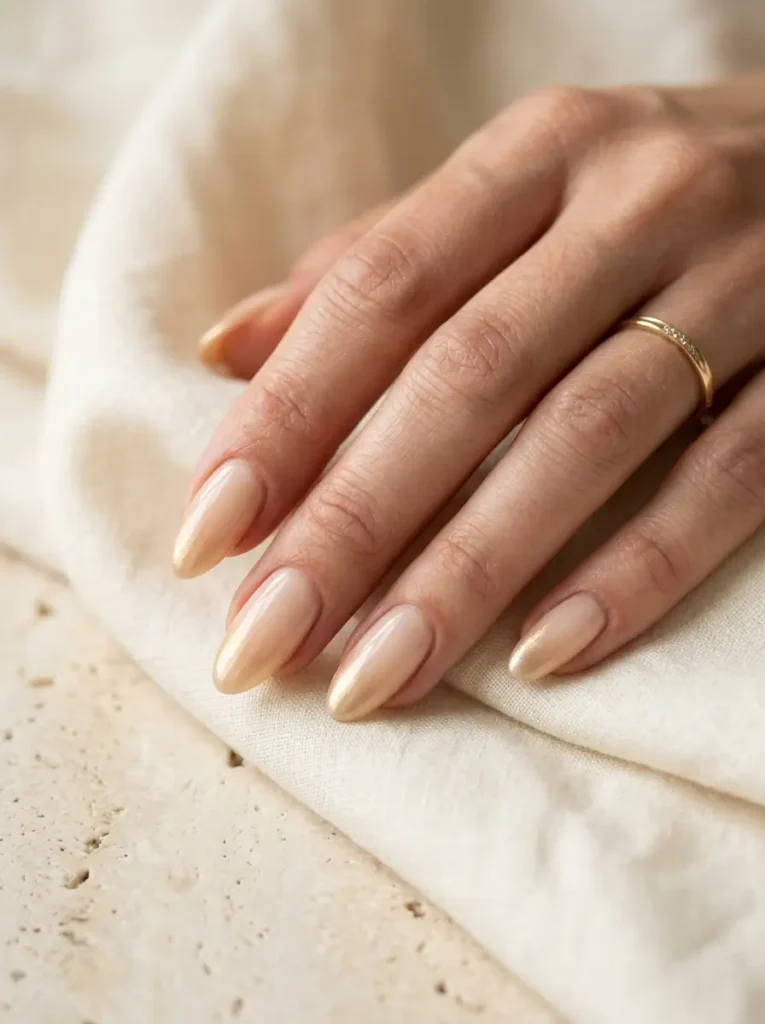 20 Chic September Nail Designs for 2026 That Capture Fall’s First Glow 20 A creamy oat-milk almond manicure softly fading into warm champagne-gold tips, creating a delicate, blurred French effect with an understated early-fall glow.