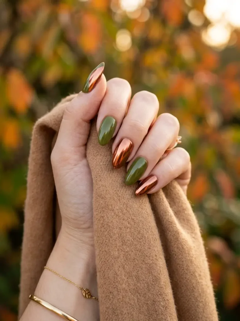 20 Chic September Nail Designs for 2026 That Capture Fall’s First Glow 3 Olive green and burnt copper chrome almond nails with glossy metallic accents.