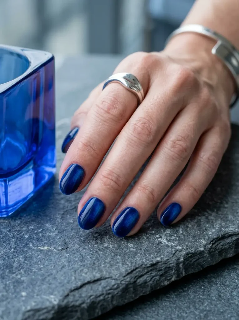 20 Chic September Nail Designs for 2026 That Capture Fall’s First Glow 9 Sapphire blue velvet nails with a subtle magnetic glow.