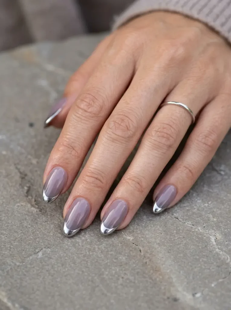 20 Chic September Nail Designs for 2026 That Capture Fall’s First Glow 19 Smoky lilac almond nails with glossy silver chrome French tips