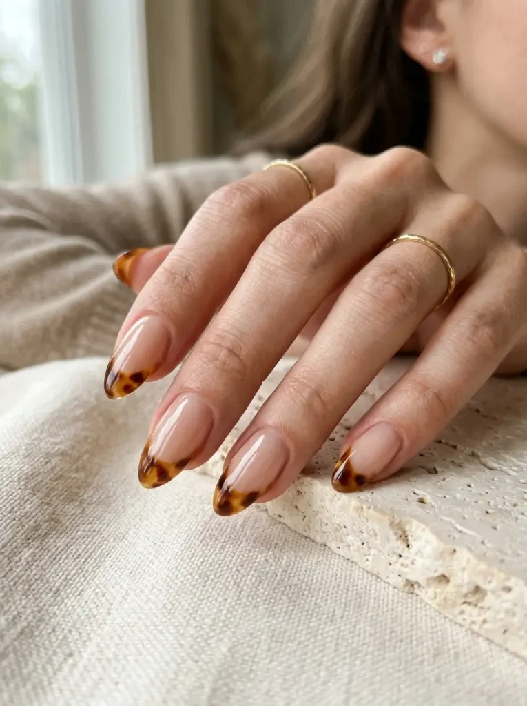 20 Chic September Nail Designs for 2026 That Capture Fall’s First Glow 21 Sheer nude almond nails with warm tortoiseshell French tips in amber, caramel, and brown