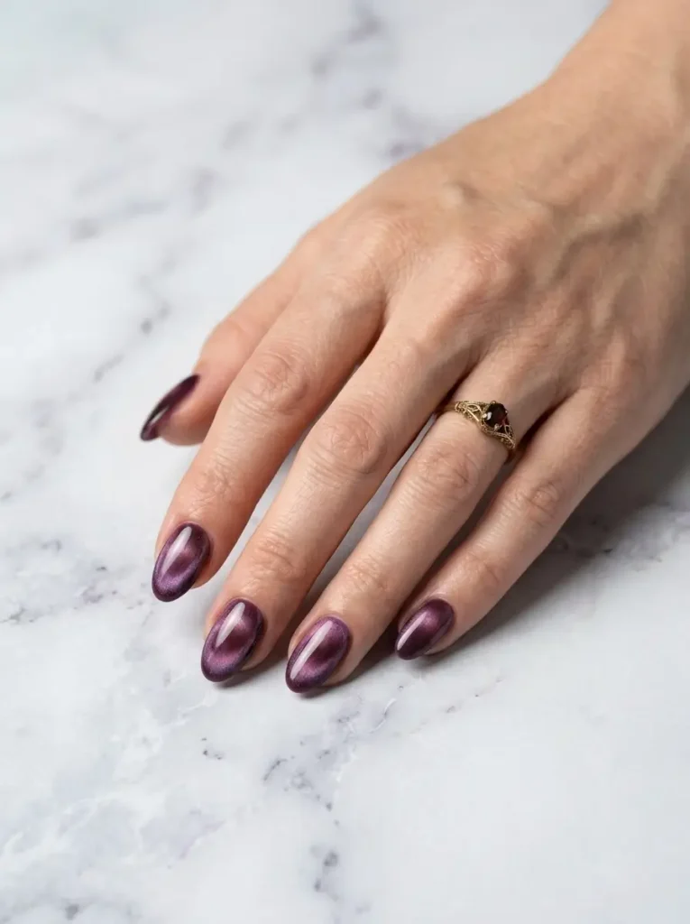 20 Chic September Nail Designs for 2026 That Capture Fall’s First Glow 8 Deep plum velvet cat-eye nails with a luminous magnetic glow.