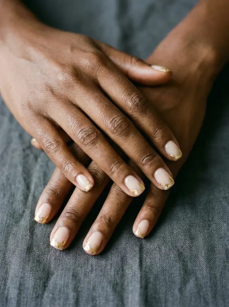 Short square sheer nude nails with flaky gold foil French tips on a deep skin tone